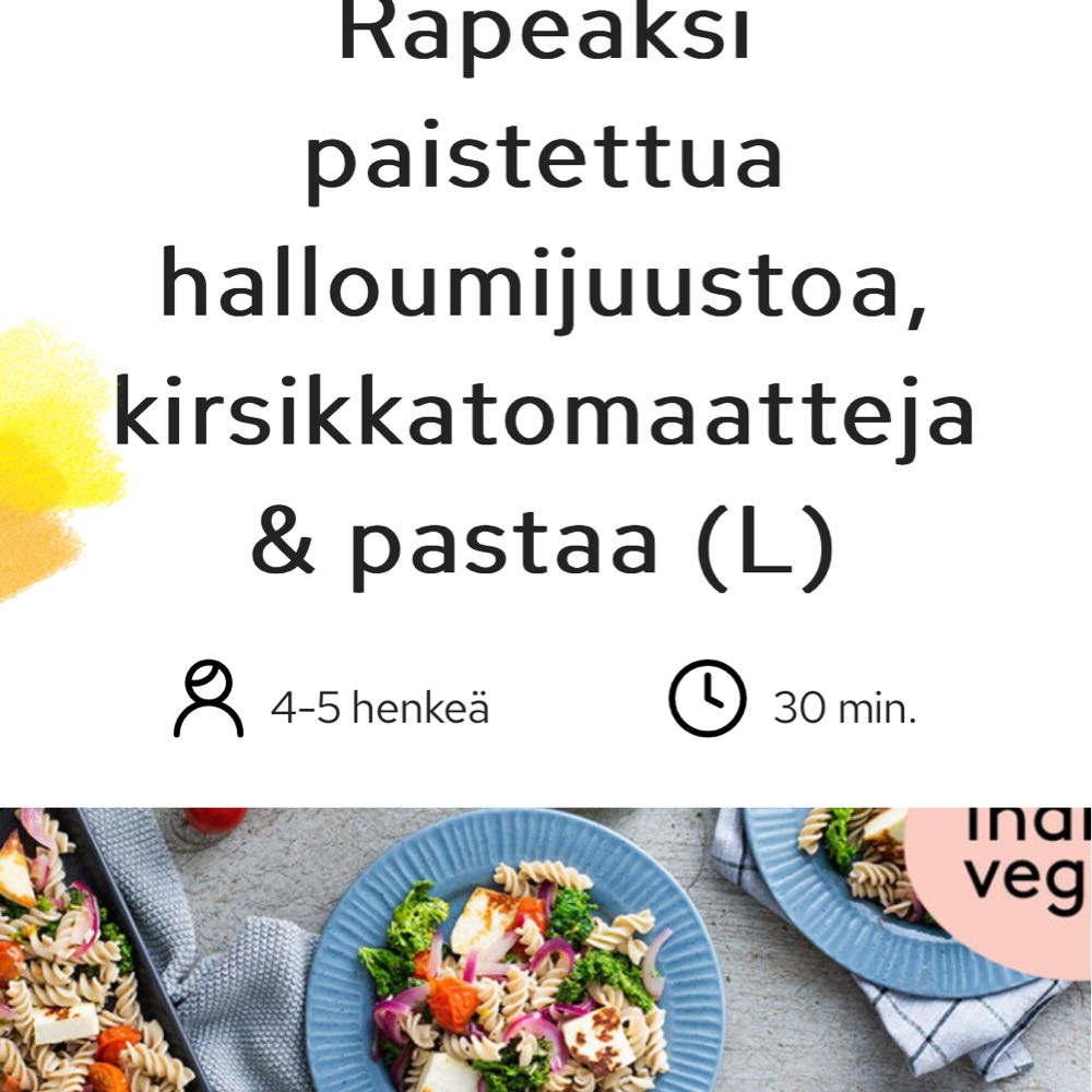 An image of Rapeaksi paistettua halloumijuustoa, kirsikkatomaatteja & pastaa